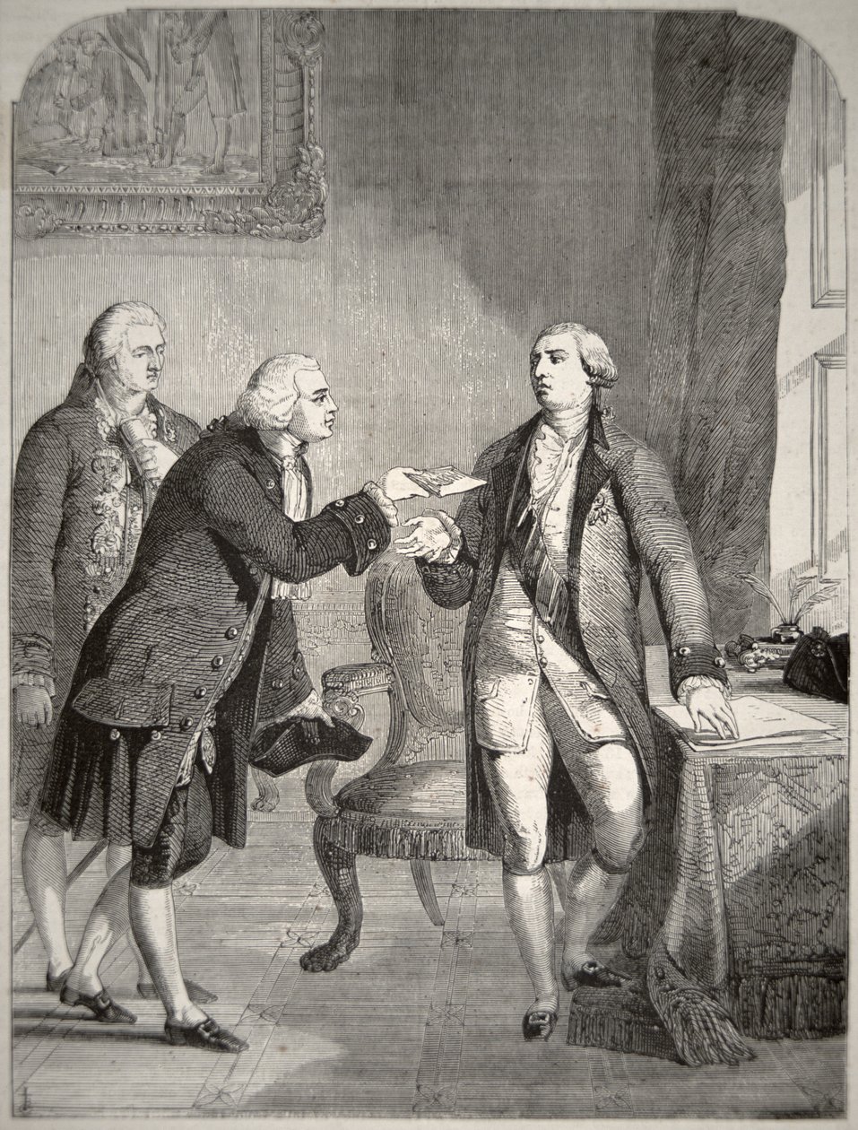 John Adams (1735-1826) como primeiro embaixador americano na corte inglesa, apresentando suas credenciais ao rei George III (1738-1820) (litografia) de American School