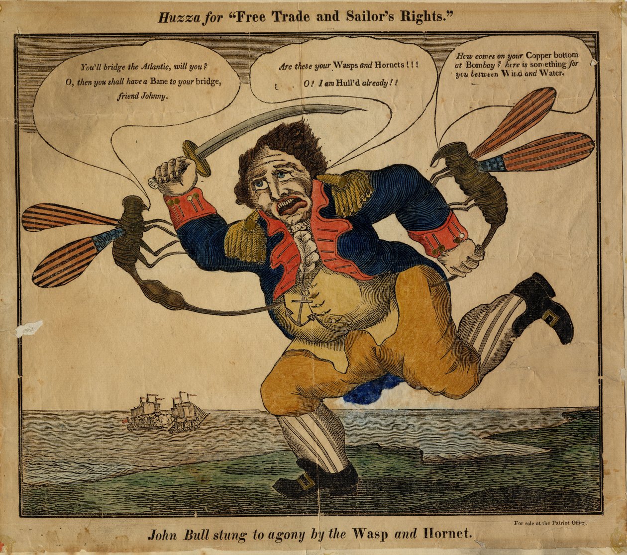 John Bull picou em agonia pelo Wasp e Hornet, 1813 (corte de relevo colorido à mão) de American School