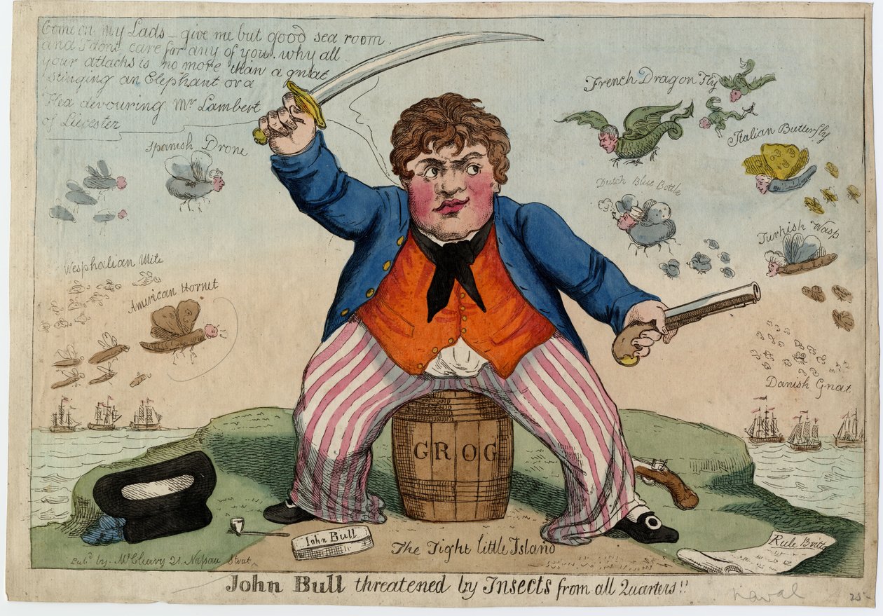 John Bull ameaçado por insetos de todos os quadrantes, c.1813 (gravura à mão colorida) de American School