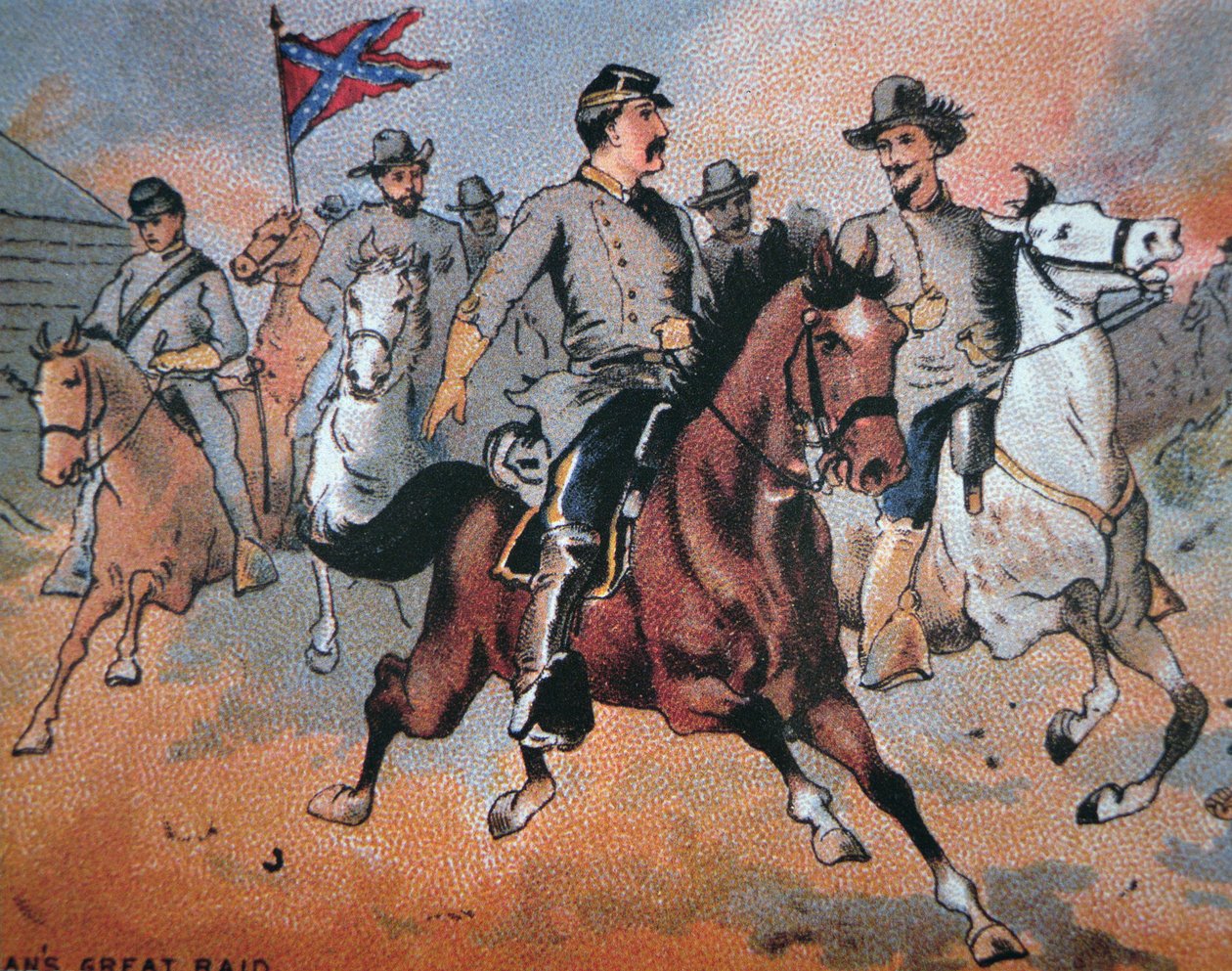 John Hunt Morgan (1825-64) e sua incursão pelo Kentucky (cor litho) de American School