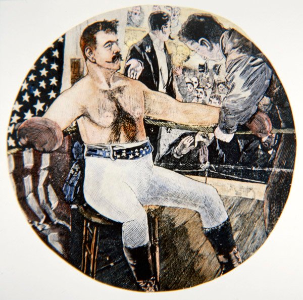 John L. Sullivan durante a sua luta com James J. Corbett em Nova Orleães. de American School