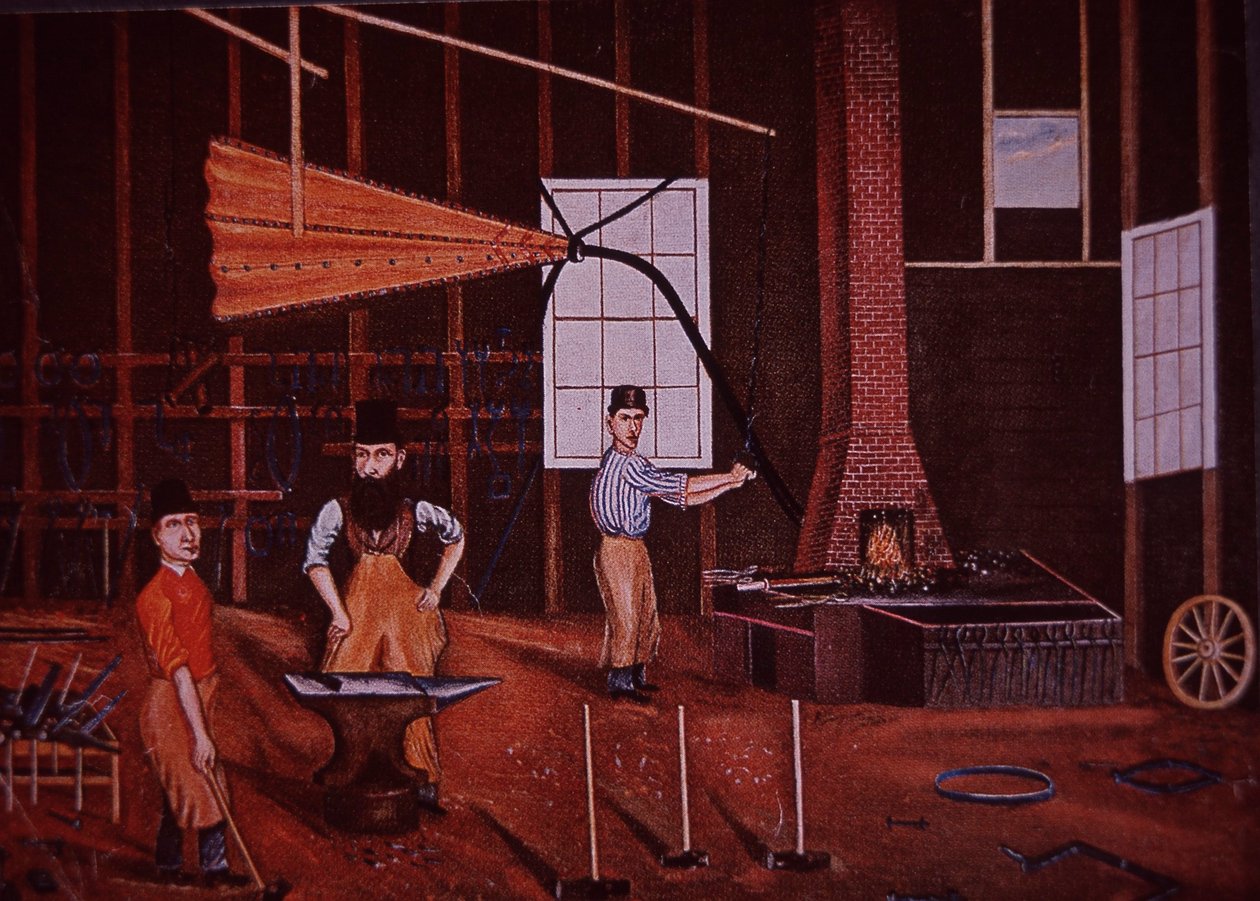 John Mohler Studebaker (centro), fabricante de vagões germano-americano em oficina, c.1858 (cor litho) de American School