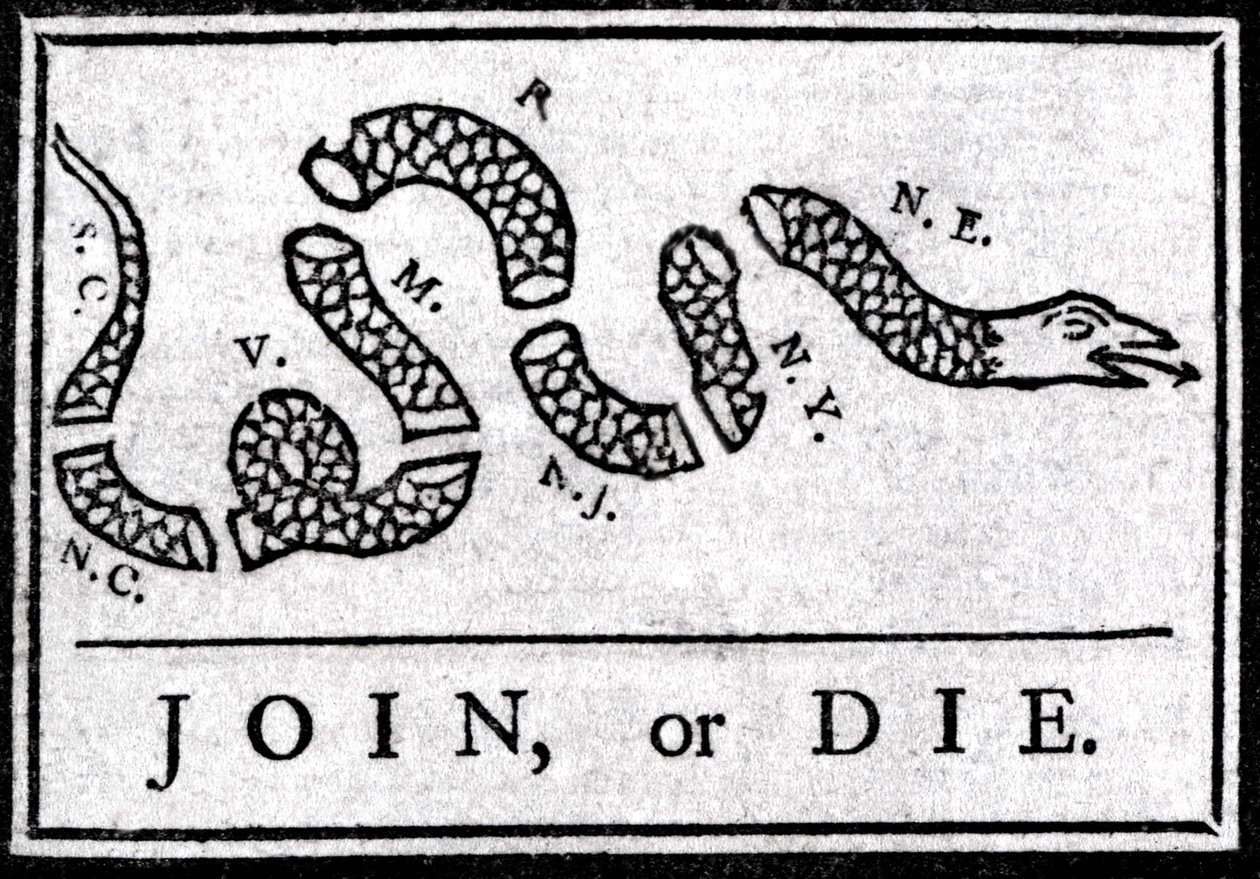 Join ou Die, desenho, considera o primeiro desenho animado político, publicado no "Pennsylvania", Gazette de Benjamin Franklin em 1754. Representa uma cobra dividida em várias secções com a lenda "Join or Die". Este é um apelo aos 13 c de American School