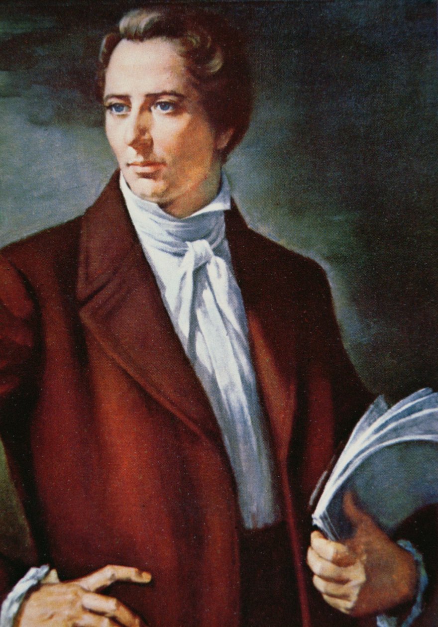 Joseph Smith (1805-44) profeta fundador da Religião Mórmon nos EUA (cor litho) de American School