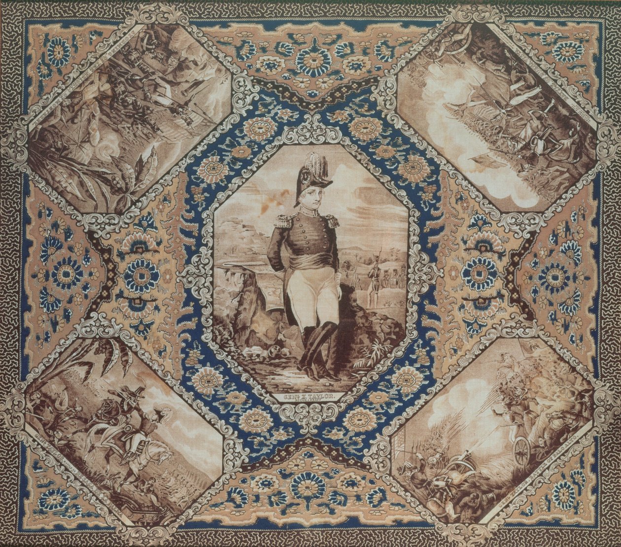 Lenço com retrato de Zachary Taylor e batalhas da Guerra Mexicana (1846-8), 1848 (algodão) de American School
