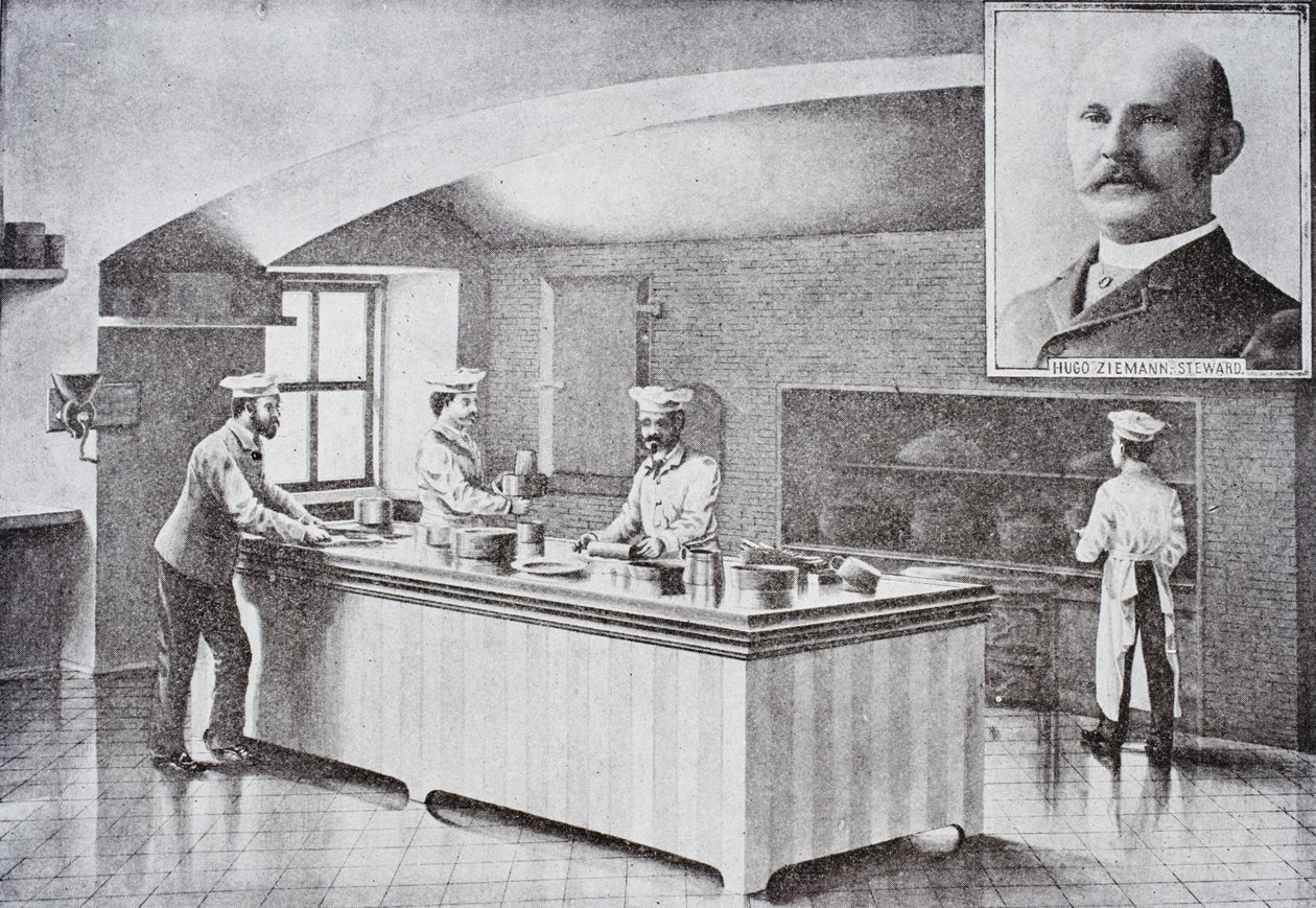 Cozinha da Casa Branca na década de 1890, com retrato inserido de Hugo Ziemann de American School