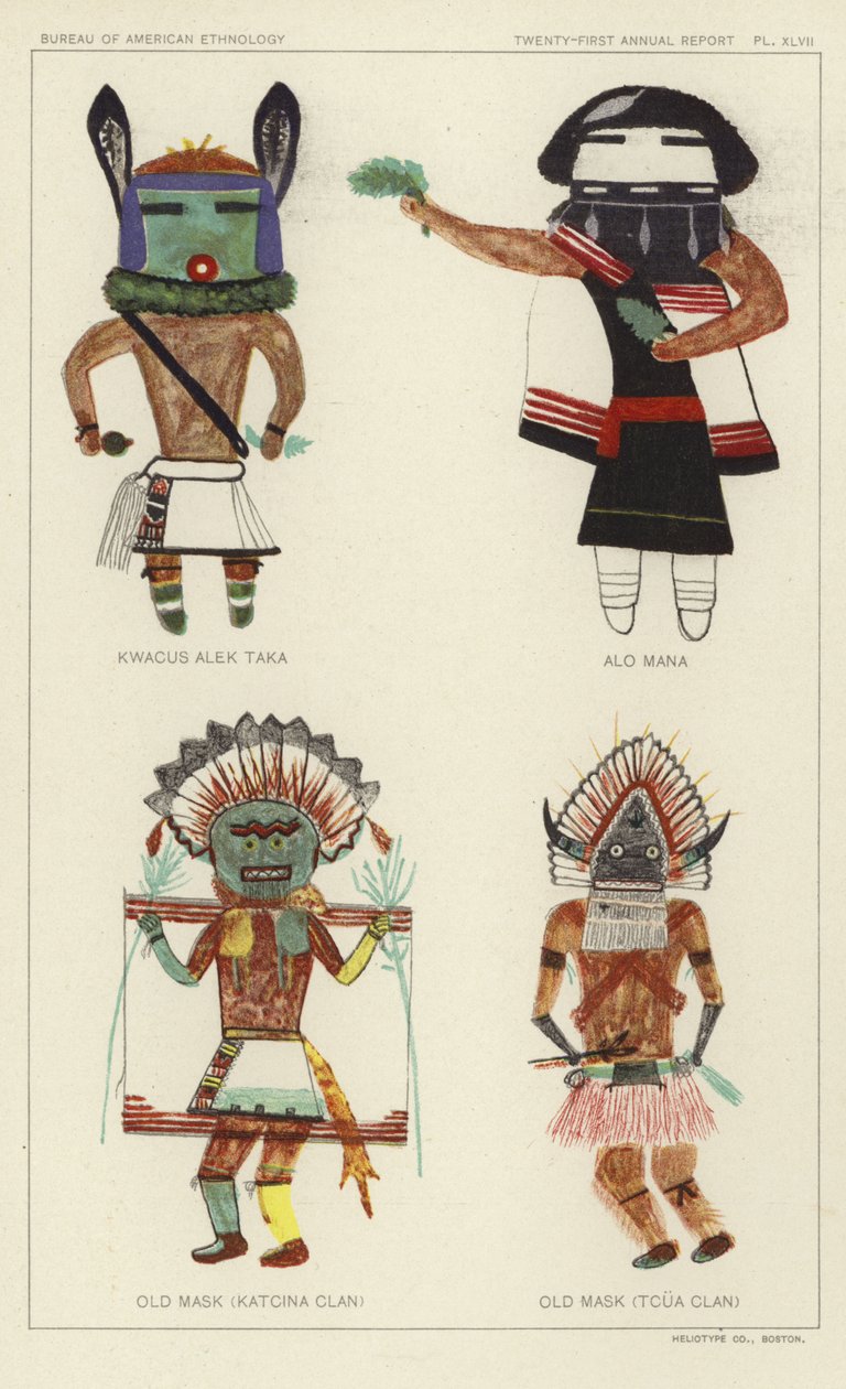Kwacus Alek Taka, Alo Mana, Máscara antiga (Clã Katcina), Máscara antiga (Clã Tcua) (litografia a cores) de American School