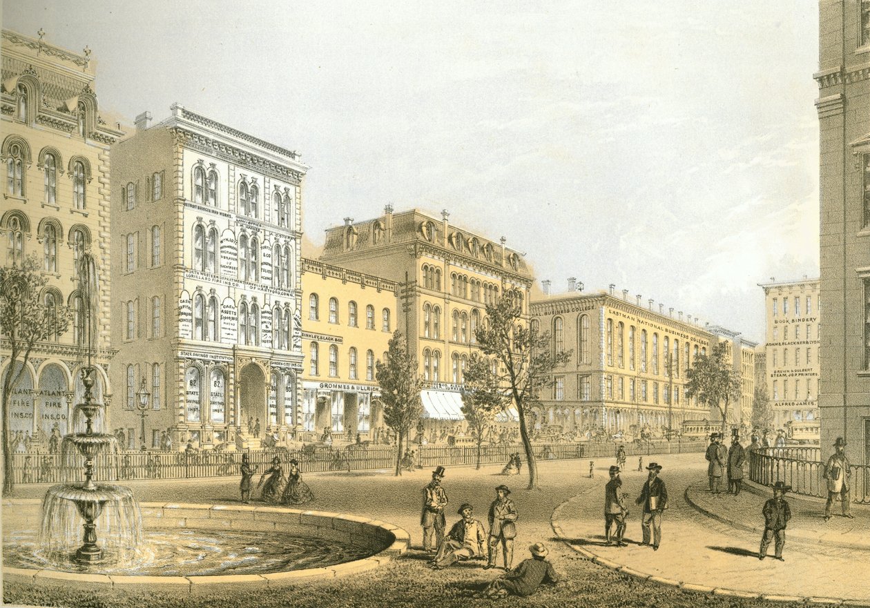 LaSalle Street da Courthouse Square, da Chicago Illustrated, com descrições literárias de James W. Sheahan, publicadas por Jevne & Almini, Chicago, 1866-67. de American School