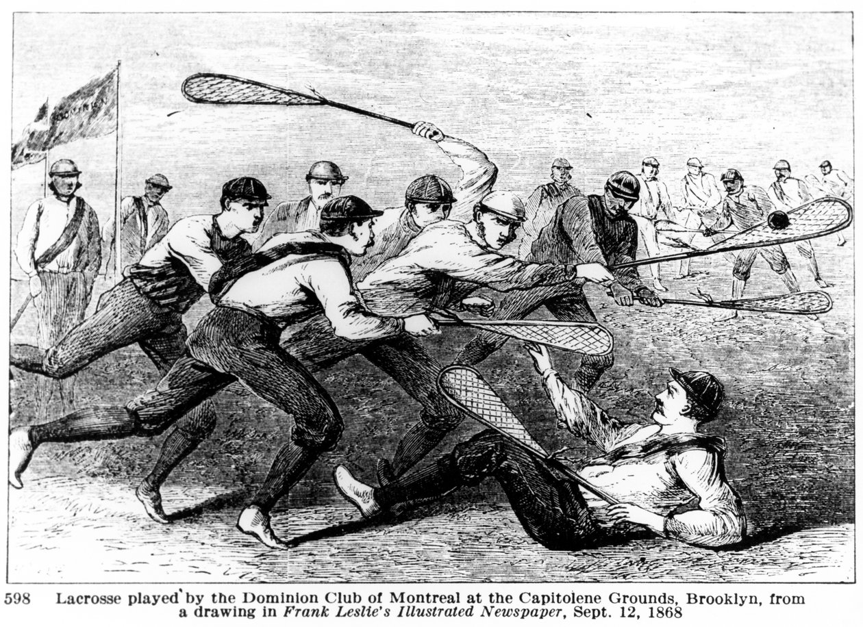 Lacrosse jogado pelo Dominion Club of Montreal no Capitoline Grounds, Brooklyn, a partir de um sorteio no Illustrated Newspaper de Frank Leslie de American School