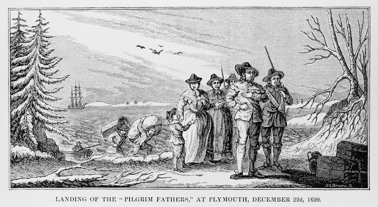 Desembarque dos Pilgrim Fathers em Plymouth em Cape Cod, Massachusetts, em 22 de dezembro de 1620, impresso na História e Antiguidade da Nova Inglaterra, em Nova York ... 1842 de American School
