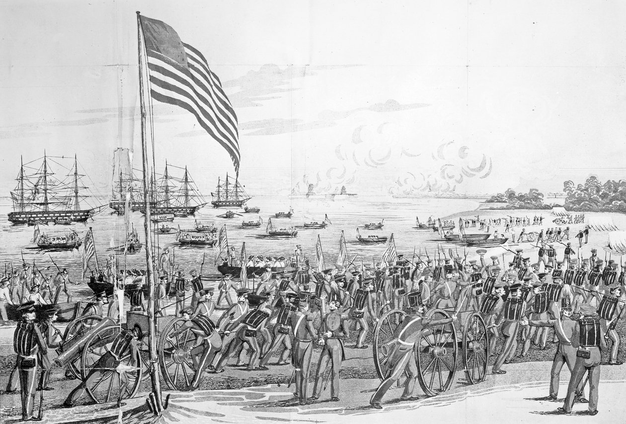 Desembarque das tropas em Vera Cruz, México, 9 de março de 1847, de "Uma História Pictórica do México", de John Frost, 1848 (ver também 115221) de American School