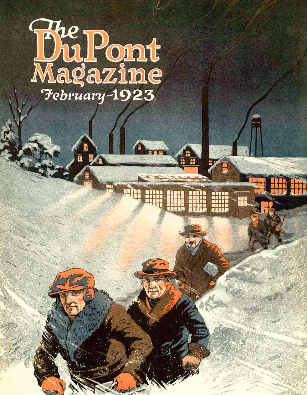 Deixando o trabalho na neve, capa da revista DuPont, fevereiro de 1923 de American School