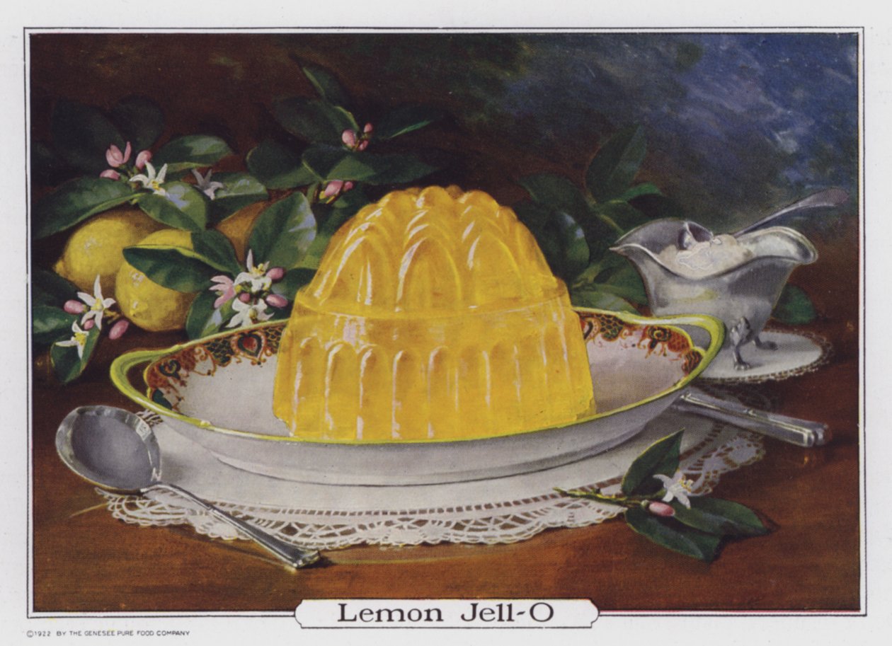 Lemon Jell-O, anúncio produzido para a Genesee Pure Food Company, Le Roy, Nova Iorque, EUA (litografia a cores) de American School