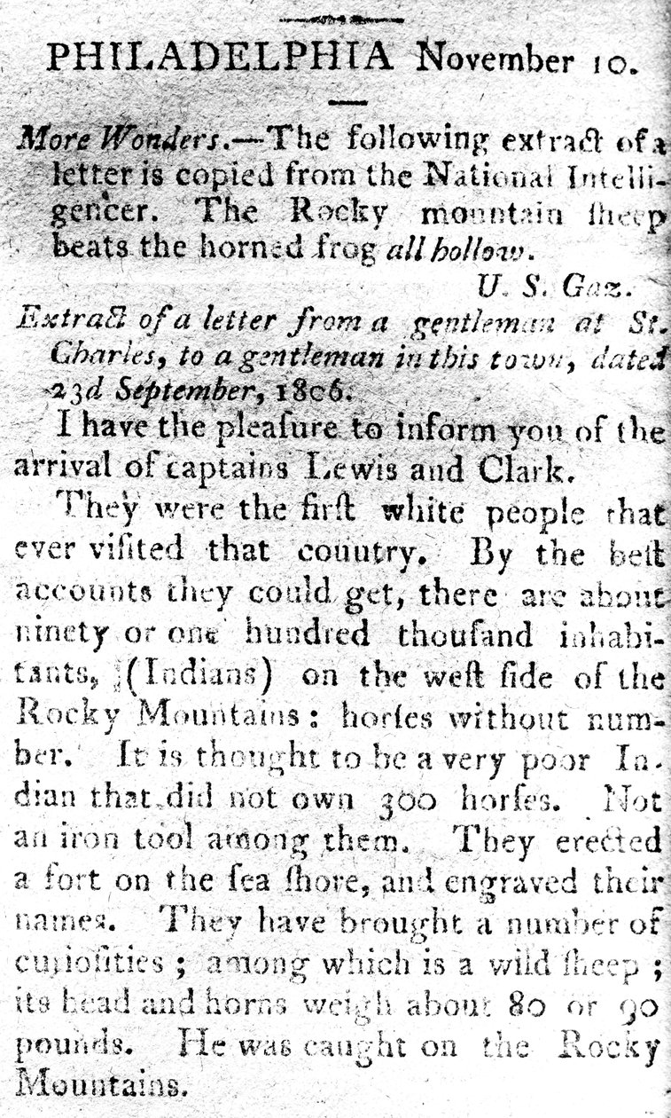 Carta anunciando a chegada dos capitães Lewis e Clark, do The Boston Intelligencer, 19 de novembro de 1806 (impressão) de American School