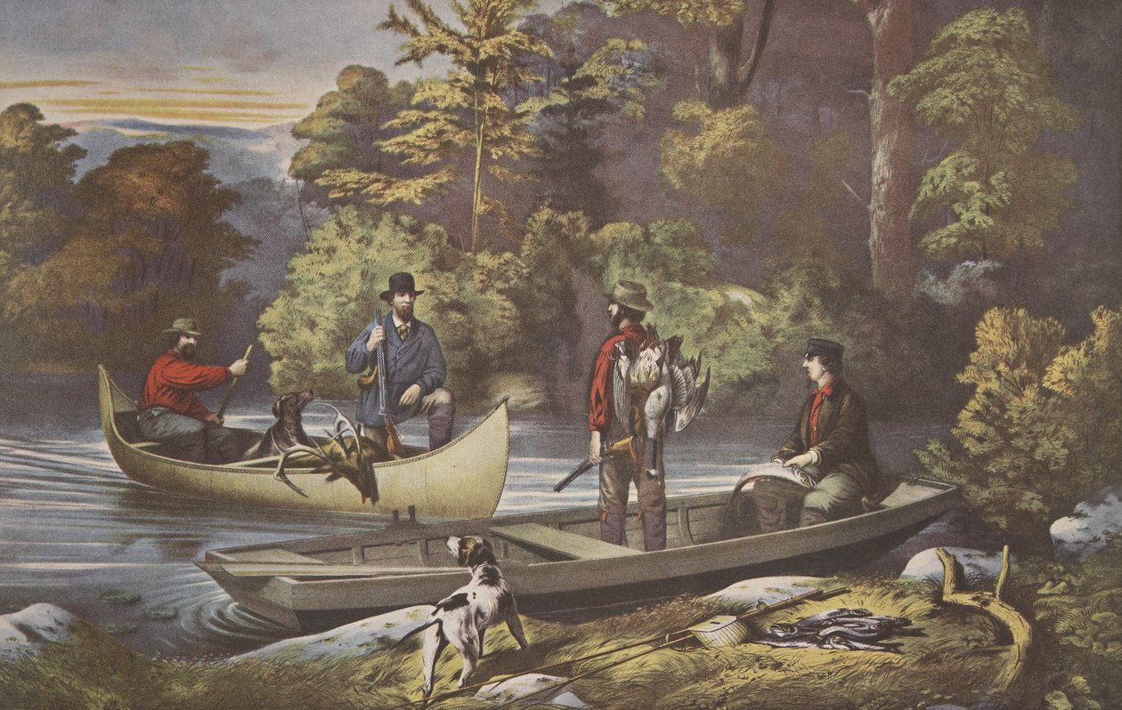 Vida nas madeiras, retornando ao acampamento, bar. 1860, Currier & Ives de American School