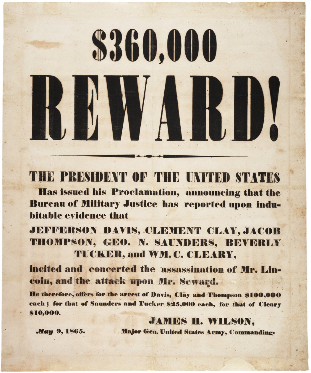 Recompensa do assassinato de Lincoln, 9 de maio de 1865 de American School