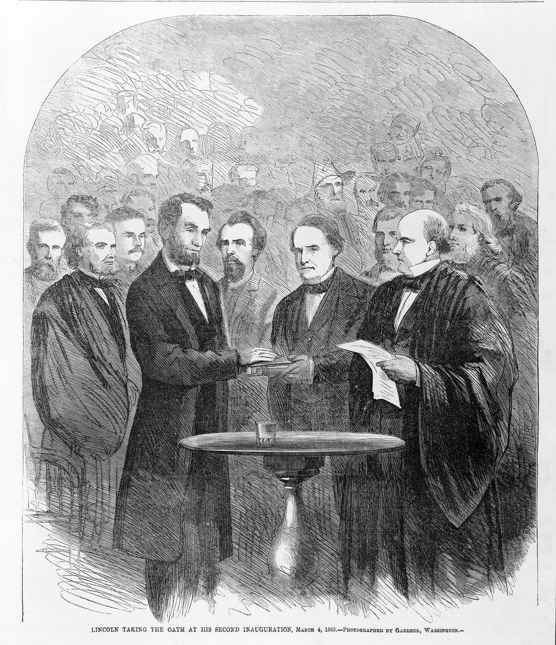 Lincoln fazendo o juramento em sua segunda posse, 4 de março de 1865, publicado em 1865 de American School