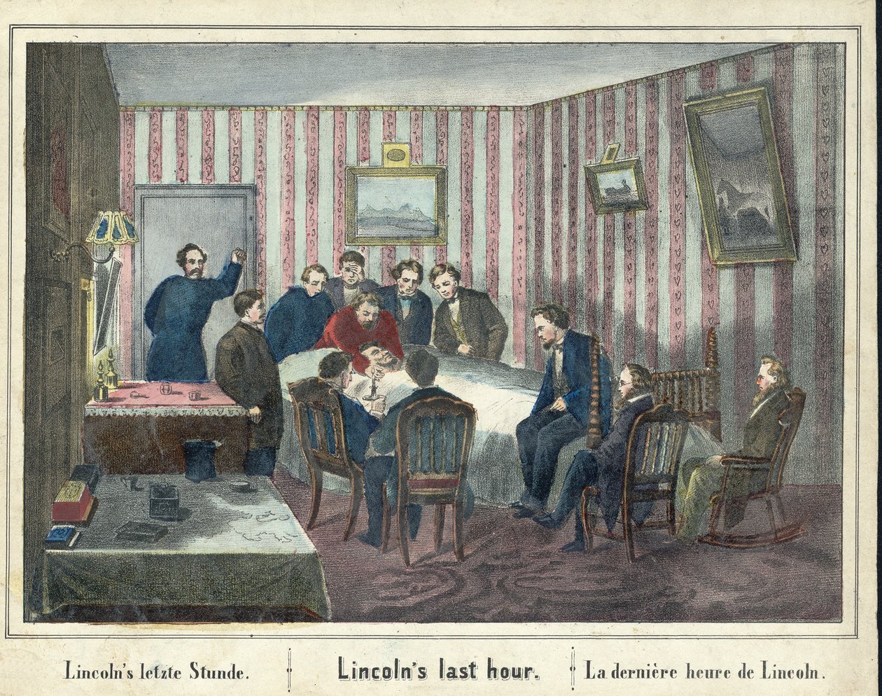 A Última Hora de Lincoln, pub. 1865 (gravura colorida à mão) de American School