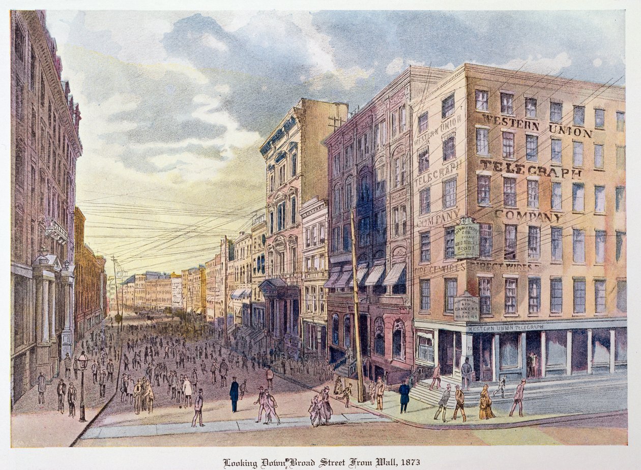 Olhando para baixo da rua larga da parede em 1873, ilustração de Old New York, ontem e hoje por Henry Collins Brown, 1922 de American School