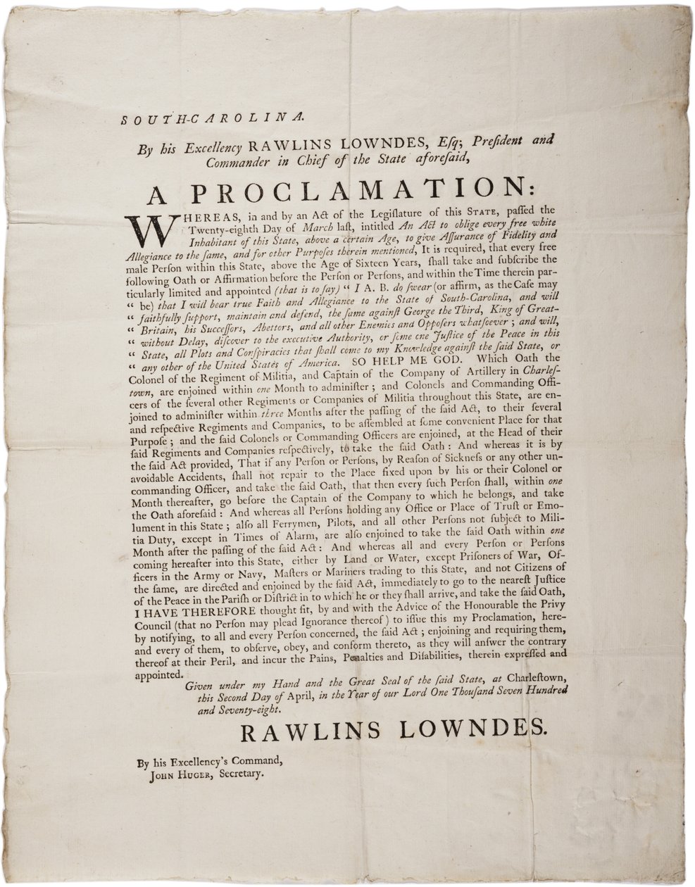 Juramento de lealdade para proteger a Independência da Carolina do Sul, 2 de abril de 1778 de American School