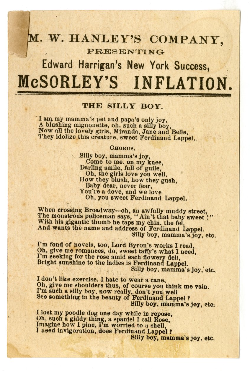 MW Hanleys Col apresenta o último sucesso de NY de Edward Harrigans, McSorleys Inflation [cartão de teatro]. Verso, c.1882 (litografia [cartão comercial]) de American School