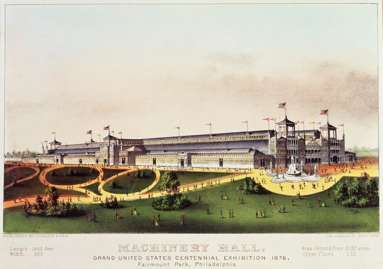 Salão de Máquinas, Exposição do Centenário dos Grandes Estados Unidos, Fairmount Park, publicado por Nathaniel Currier (1813-1888) e James Merritt Ives (1824-1895), 1876 de American School