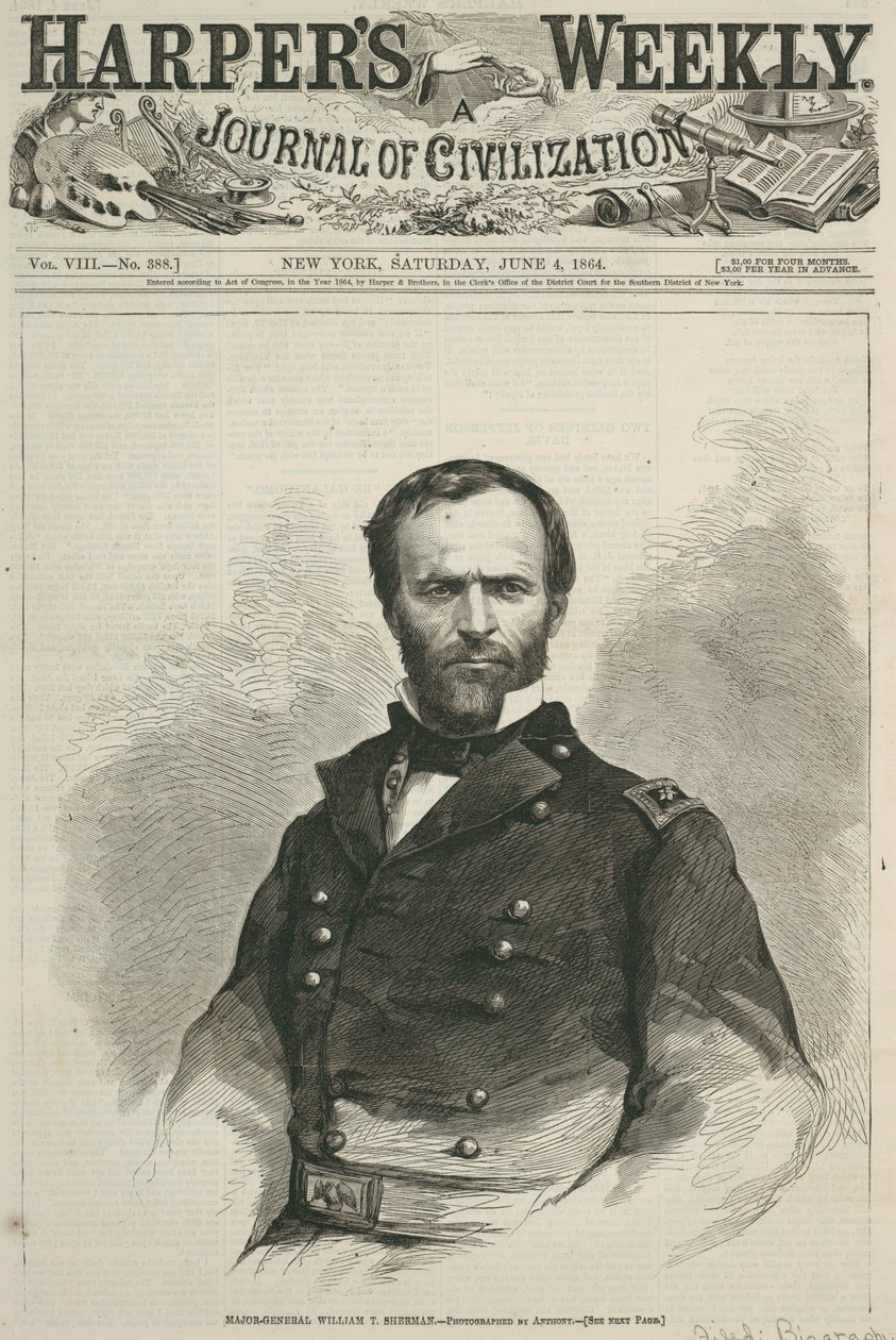 Major-General William T. Sherman, primeira página do Harpers Weekly, 1864 (gravura em madeira) de American School