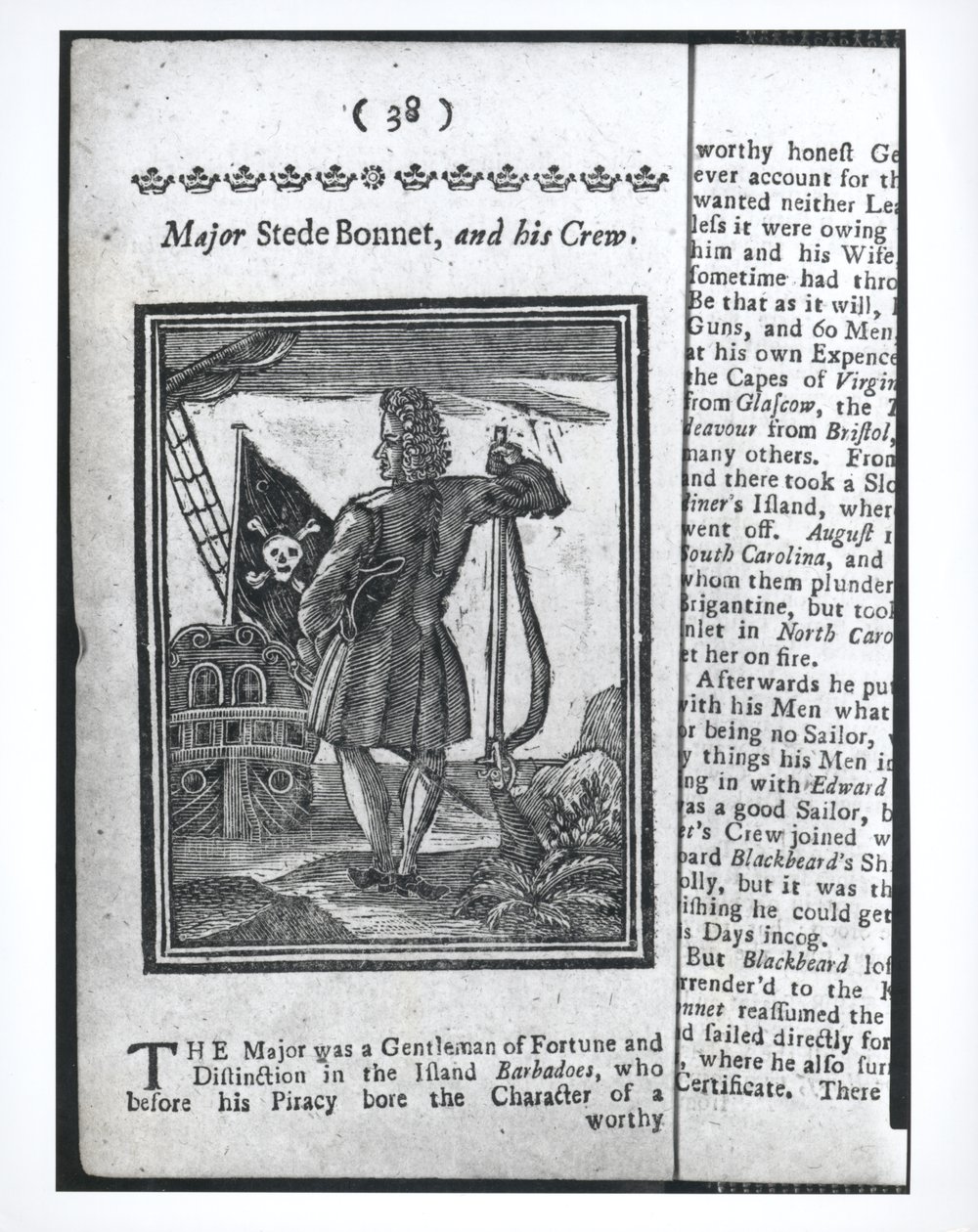 Major Stepe Bonnet, página 38 de Histórias e Vidas de Todos os Piratas Mais Notórios e suas Tripulações, Londres, 1725 de American School