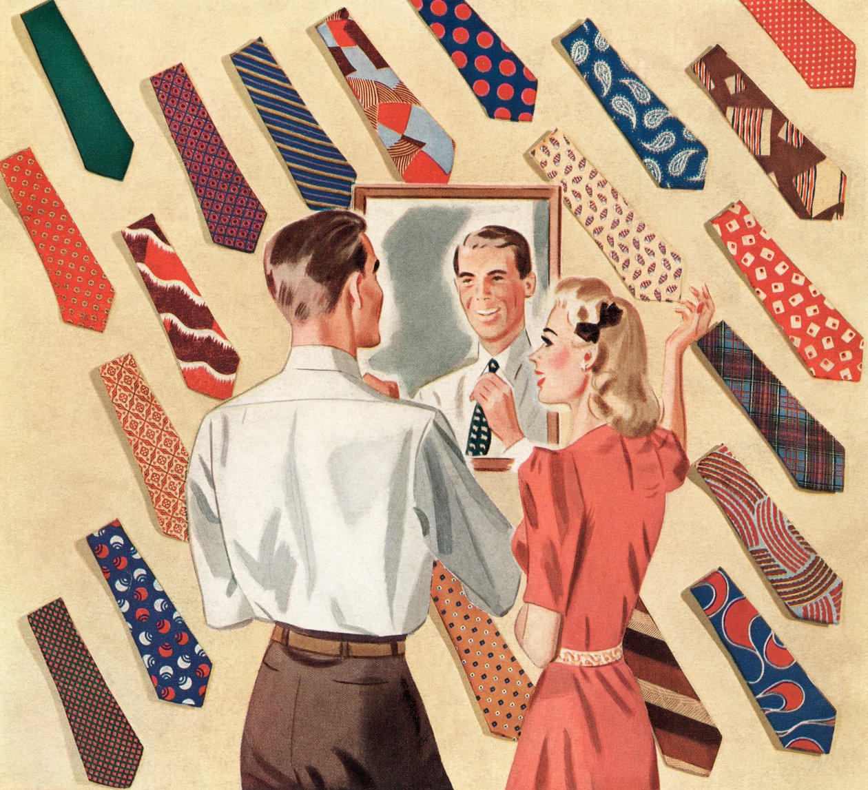 Homem endireita a gravata ao espelho no meio de uma exposição de muitas gravatas de homem de American School