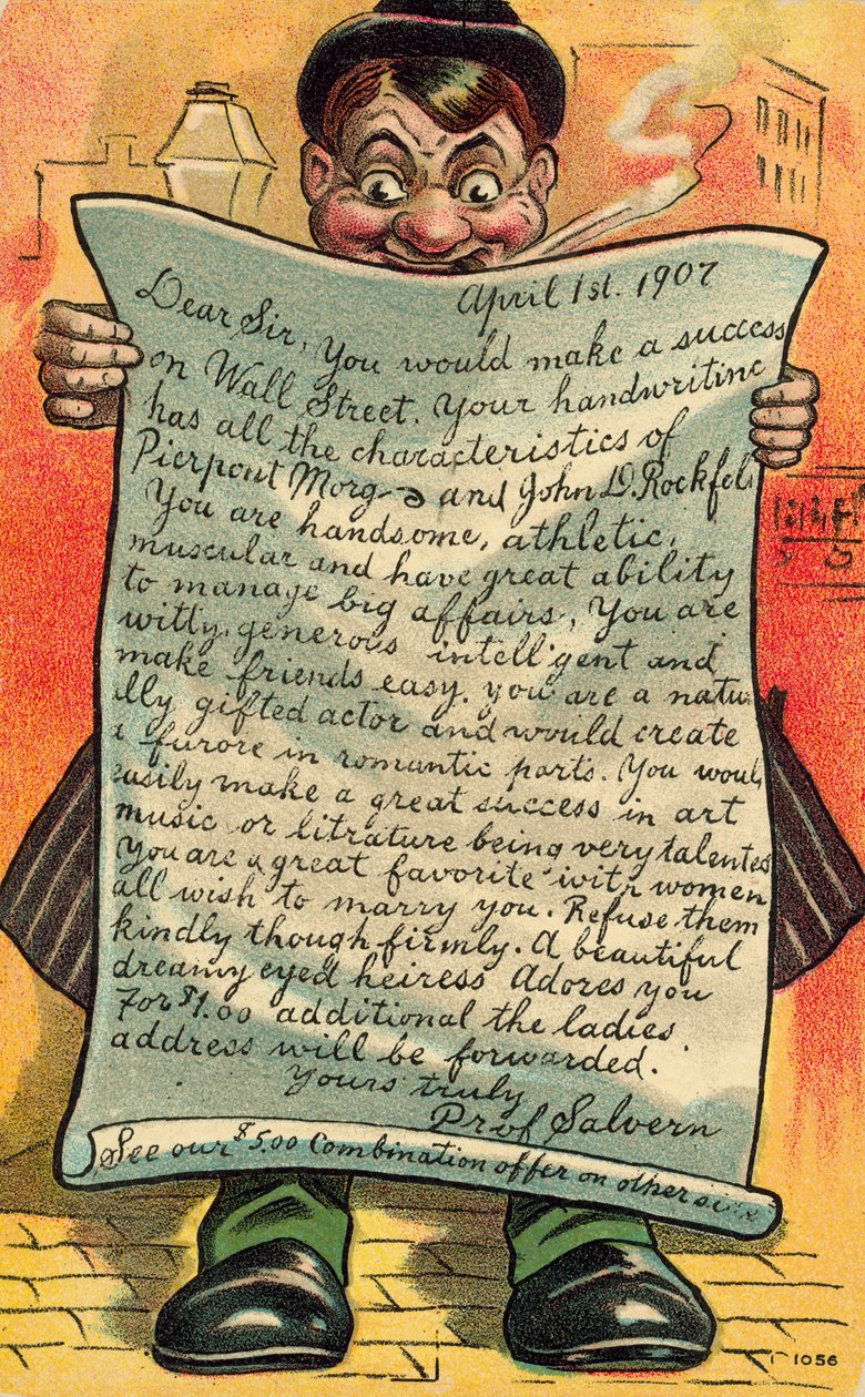 Homem a ler uma carta lisonjeira sobre as suas perspectivas de carreira (litografia a cores) de American School