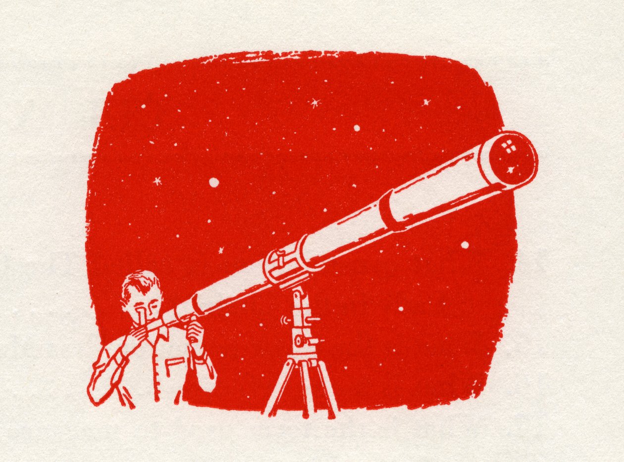 Homem com telescópio a olhar para as estrelas de American School