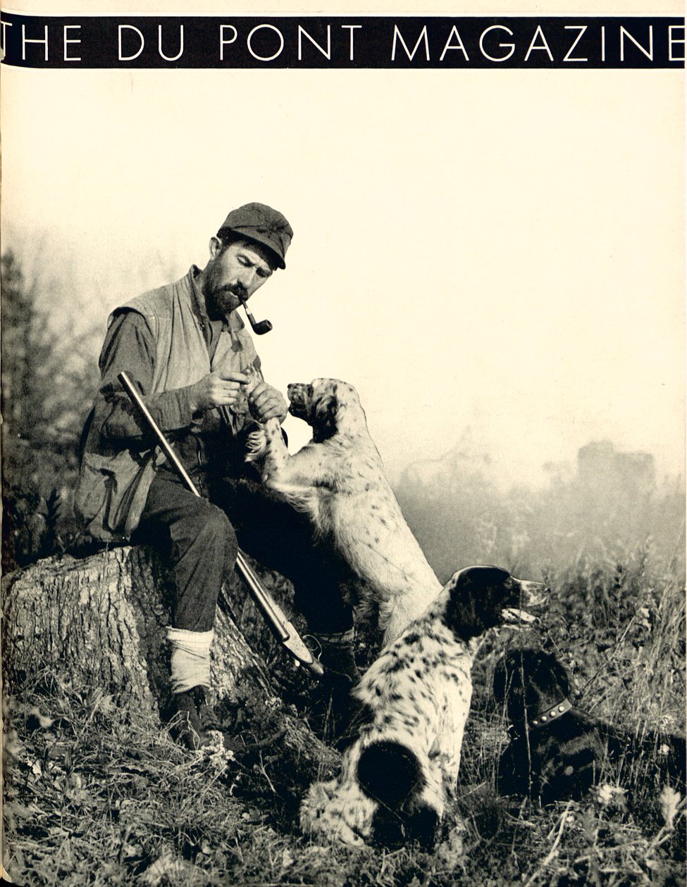 Homem com cães de caça, capa da revista DuPont, novembro de 1934 de American School