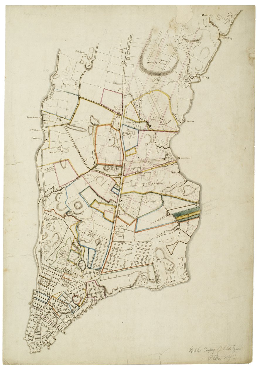 Ilha de Manhattan por volta de 1765-1770 da bateria até acima de Turtle Bay, 1845 de American School