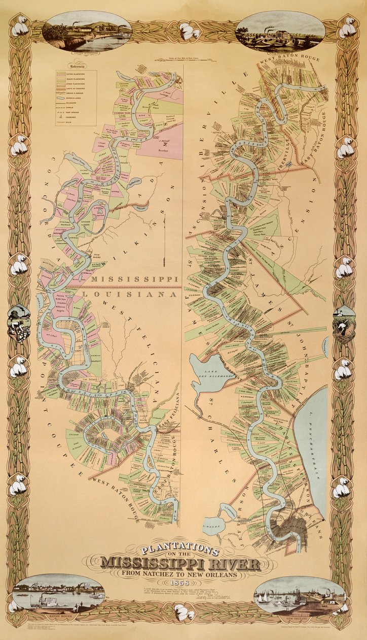 Mapa representando plantações no rio Mississippi de Natchez para Nova Orleans, 1858 de American School