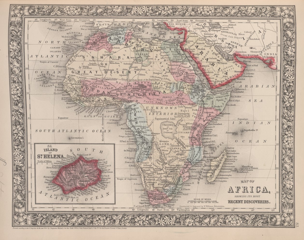 Mapa da África mostrando suas descobertas mais recentes com a Ilha de Santa Helena inserida do novo atlas geral de Mitchells, 1863 (gravura colorida) de American School