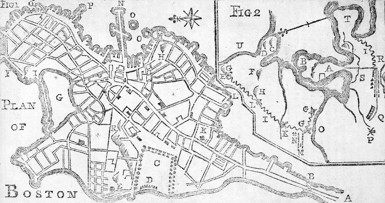 Mapa de Boston, impresso em Bickerstaffs Albany Almanack, 1776 (impressão) de American School