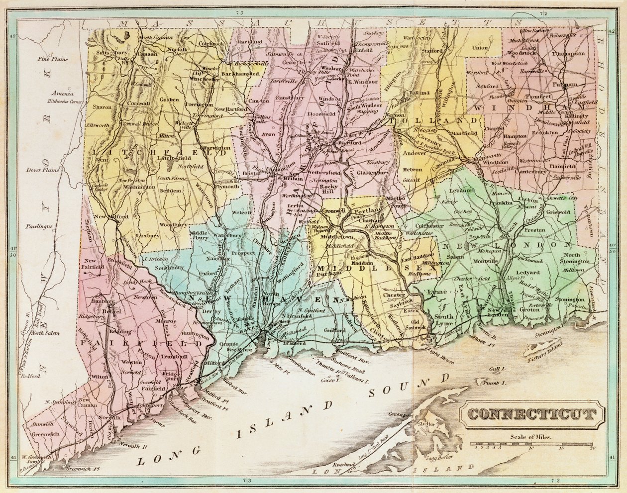Mapa de Connecticut, de &39;coleções históricas de Connecticut&39; por John Warner Barber, 1856 de American School