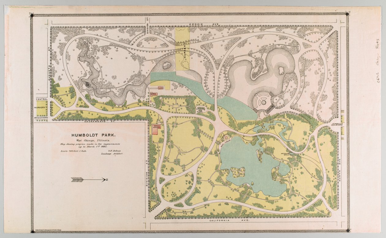 Mapa de Humboldt Park retratando melhorias do parque, Chicago, Illinois de American School