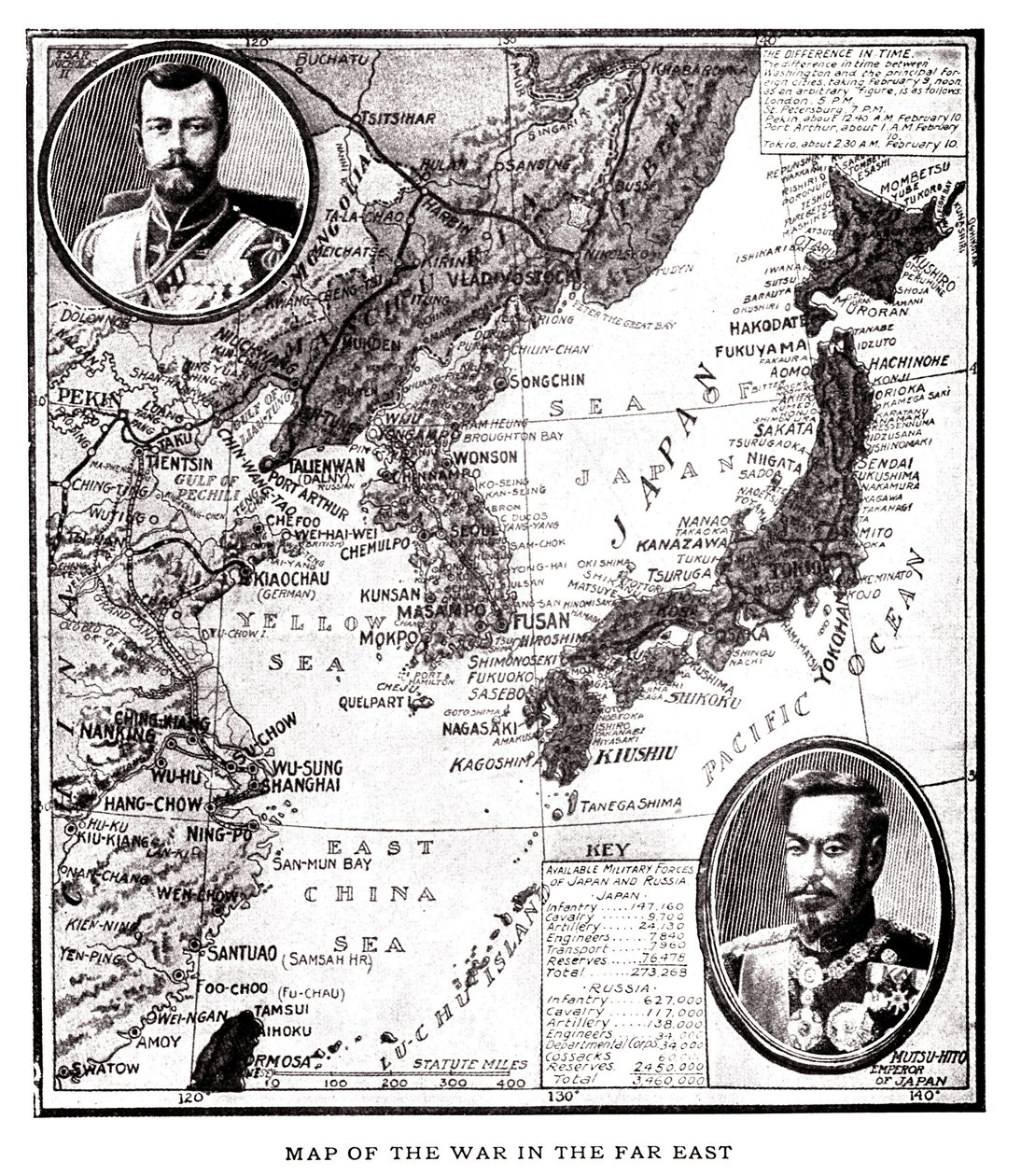 Mapa da Rússia oriental, da Coreia e do Japão durante o conflito russo japonês (1904-1905). No medalhão, o Czar Nicolau II da Rússia (1868-1918) e o Imperador Meiji do Japão (1852-1912). Ilustração, em "A Rússia e o Japão e uma história completa da guerra  de American School