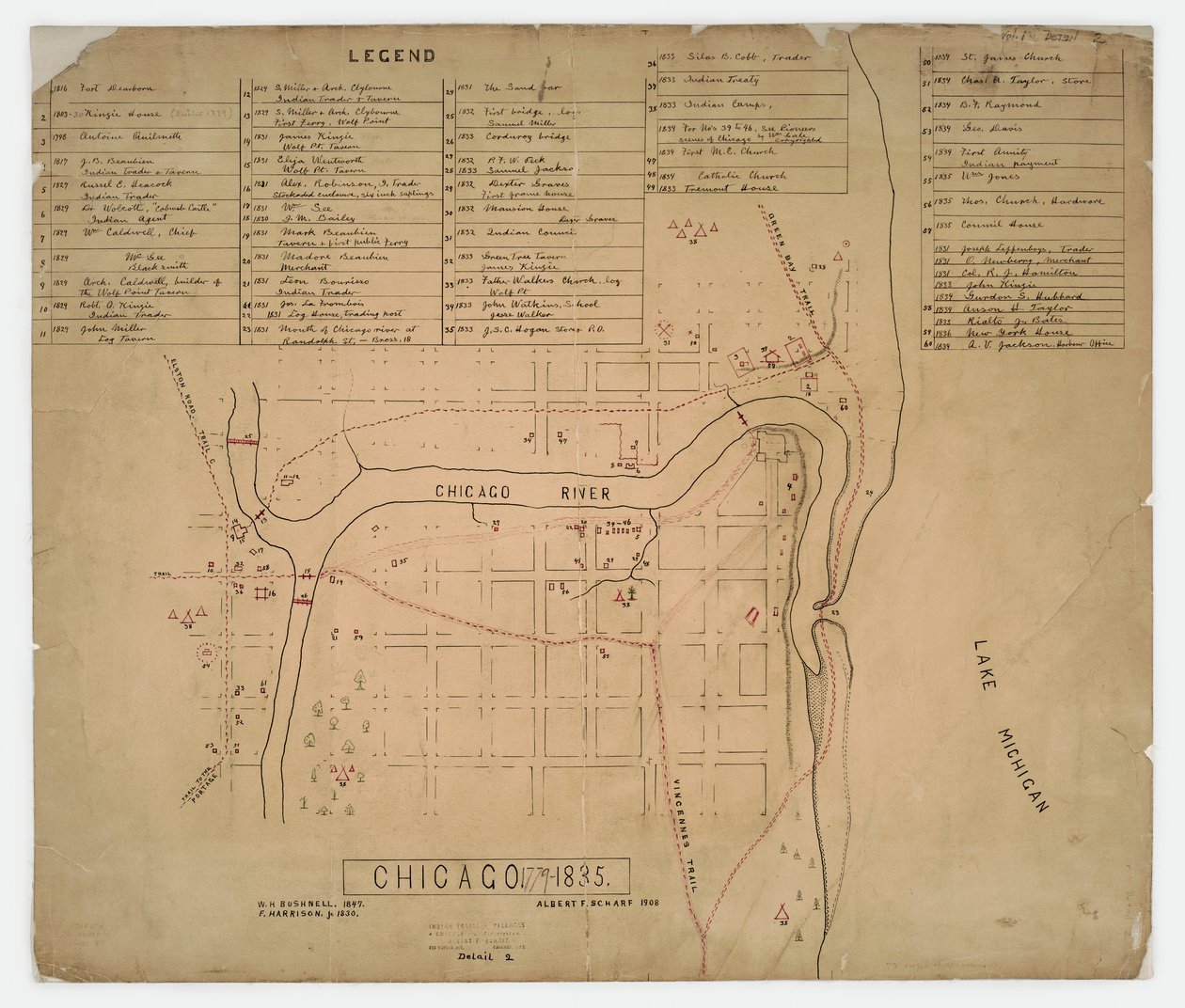 Mapa de casas e locais históricos em Chicago, Illinois, c.1835 de American School