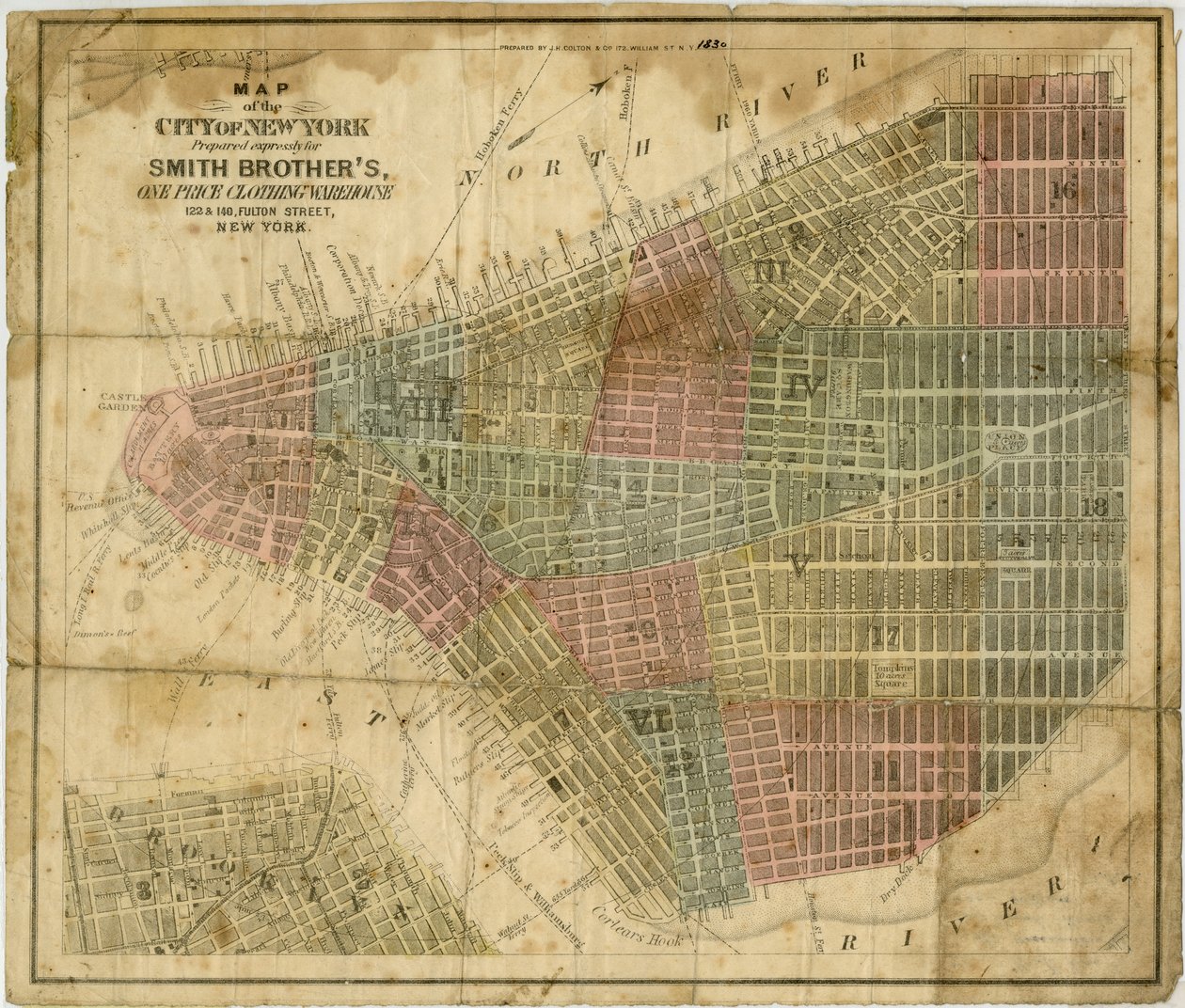 Mapa da cidade de Nova York: preparado expressamente para Smith Brother S, um armazém de roupas de preço ... preparado por JH Colton & Co., 1854-1869 (tinta preta e colorida sobre papel) de American School