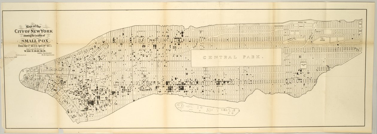 Mapa da Cidade de Nova Iorque mostrando a Localização da Varíola, de 1 de Maio de 1874 a 30 de Abril de 1875. de American School
