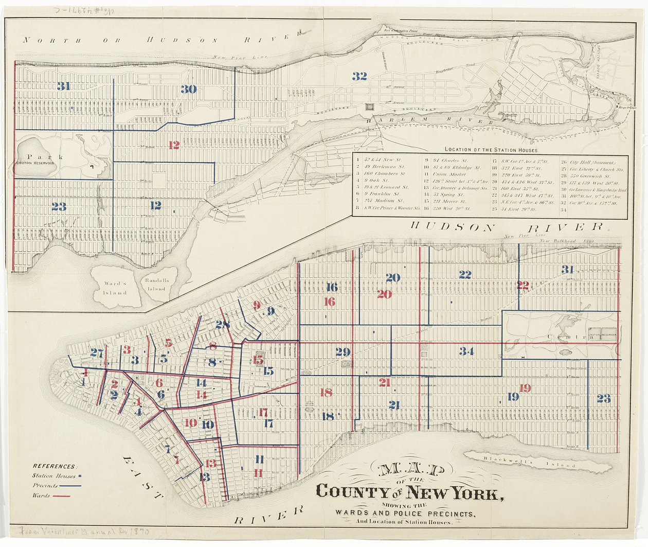 Mapa do Condado de Nova York, mostrando os distritos de Wards e Polícia e Localização das Casas da Estação., 1870 (tinta no papel) de American School