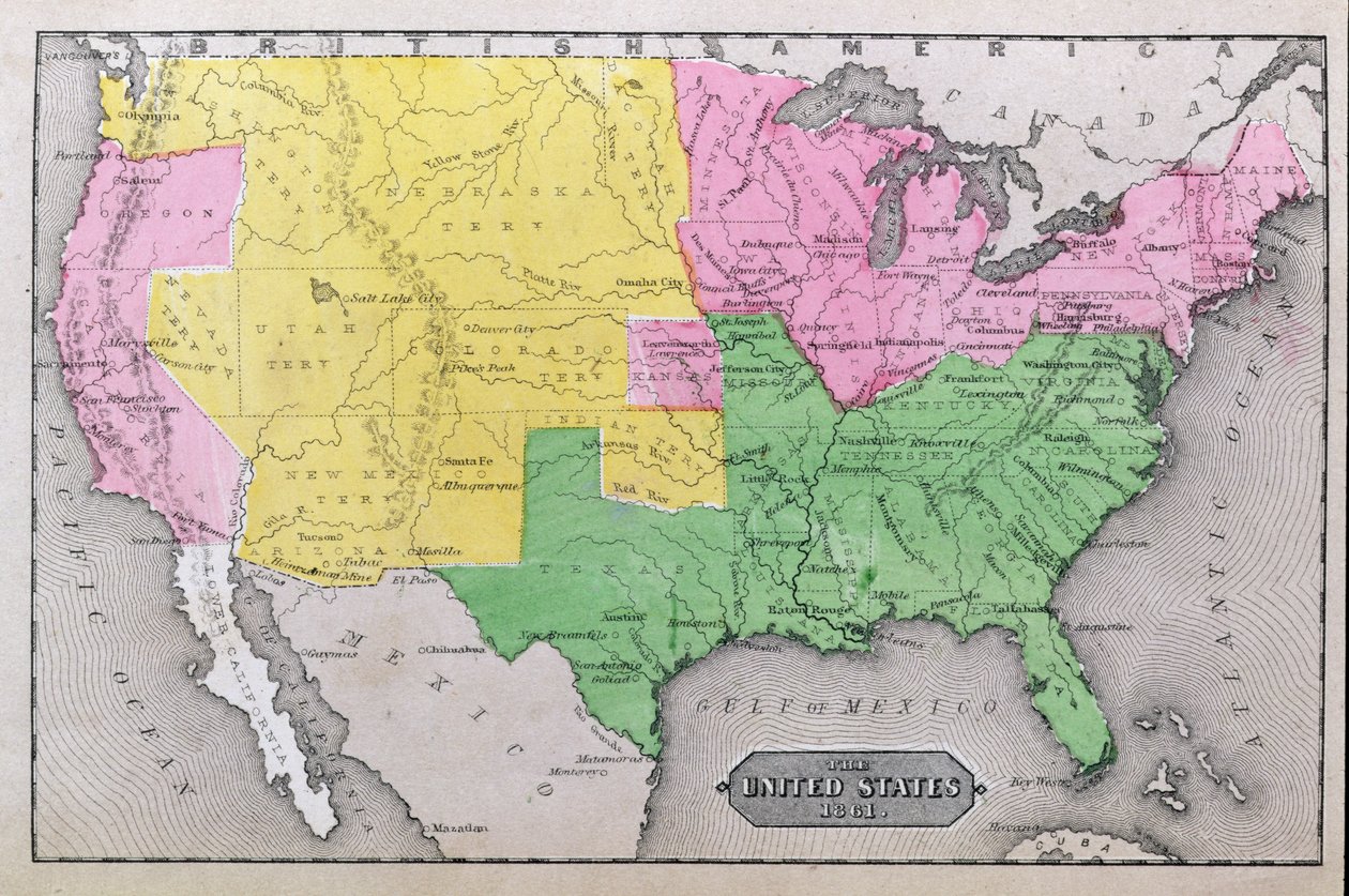Mapa dos Estados Unidos em 1861, de "Todo o nosso país: O passado e o presente dos Estados Unidos, histórico e descritivo", de John Warner Barber e Henry Hare, 1861 de American School