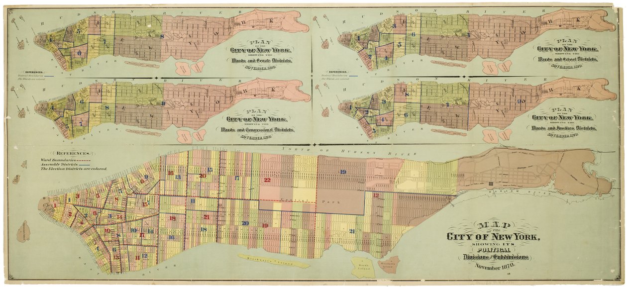 Mapa da cidade de Nova Iorque, mostrando as suas divisões e subdivisões políticas de American School