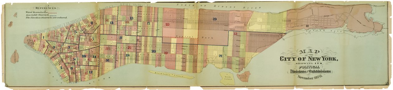 Mapa da cidade de Nova Iorque, mostrando as suas divisões e subdivisões políticas de American School