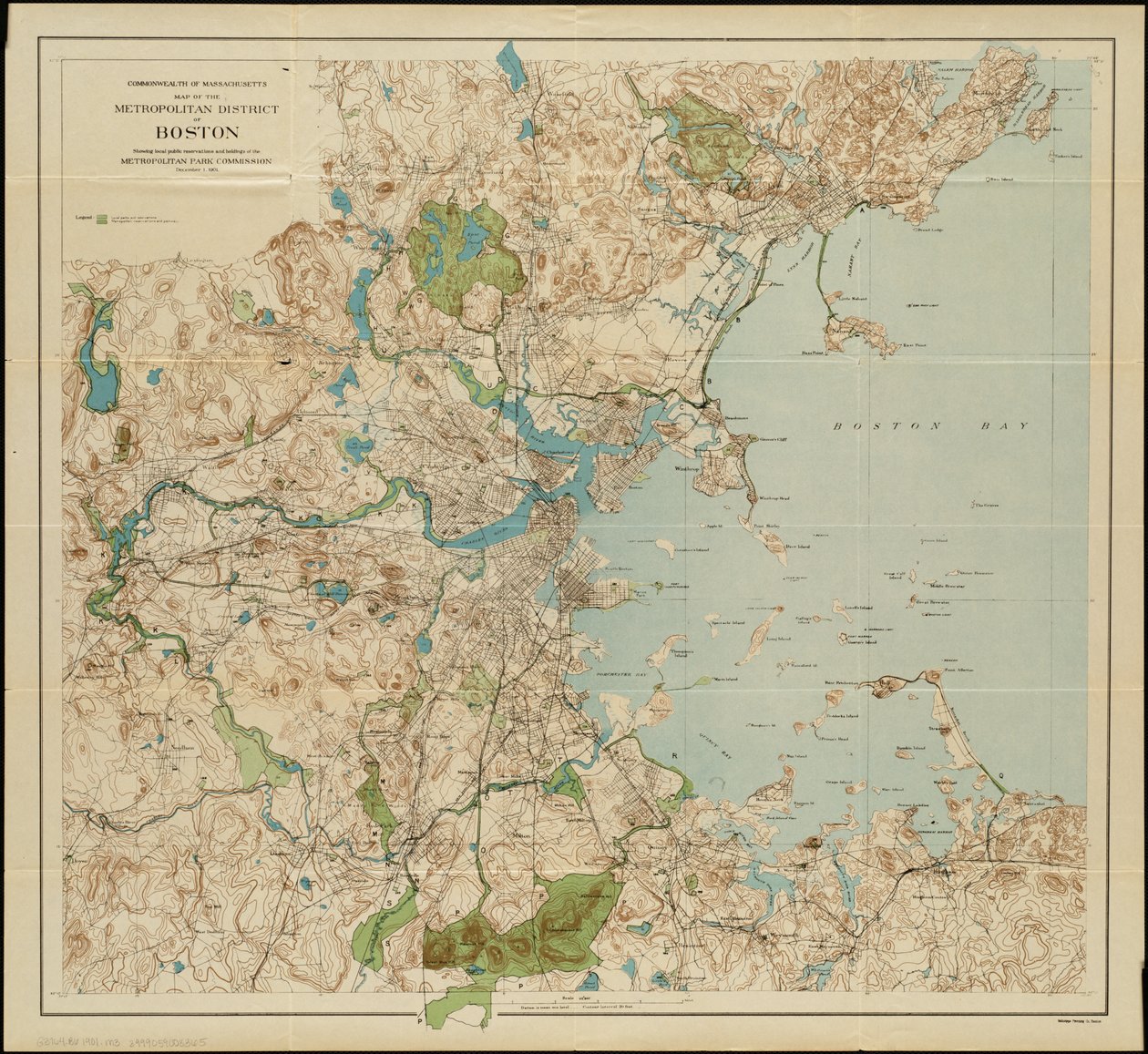 Mapa do distrito metropolitano de Boston, Massachusetts: mostrando as reservas públicas locais e propriedades da Comissão do Parque Metropolitano, 1901 de American School