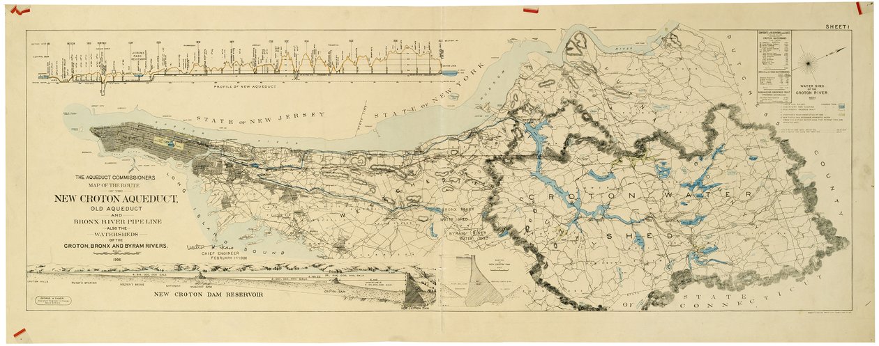 Mapa do novo Aqueduto de Croton, do antigo aqueduto e do oleoduto do Rio Bronx e também das bacias hidrográficas de Croton, Bronx de American School