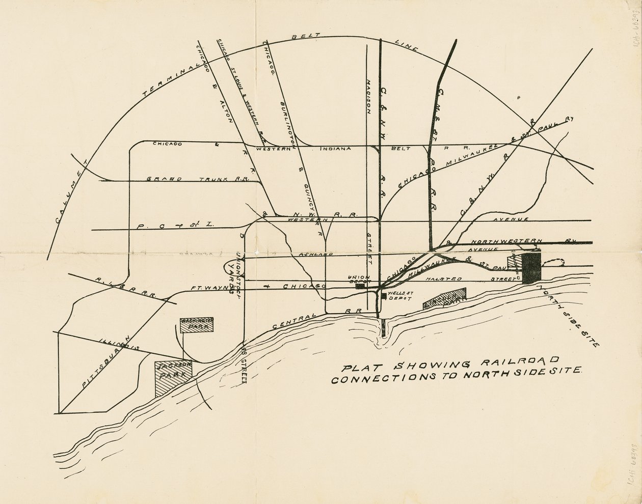 Mapa mostrando as ligações ferroviárias ao local proposto para a Exposição Mundial da Colúmbia na Costa Norte de American School