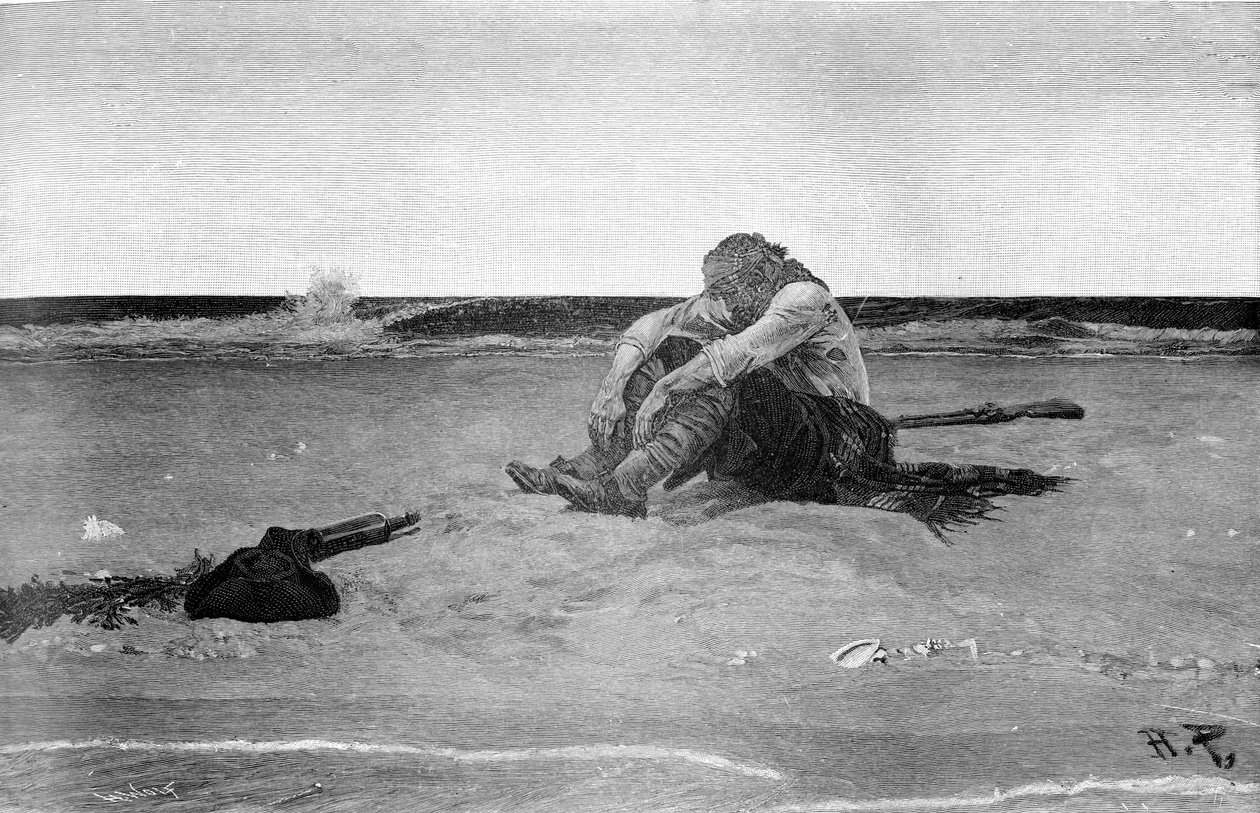 Pirata abandonado após "Buccaneers and Marooners of the Spanish Main" de Howard Pyle (1853 - 1911), ilustrador americano. Grisaille. 1887. de American School